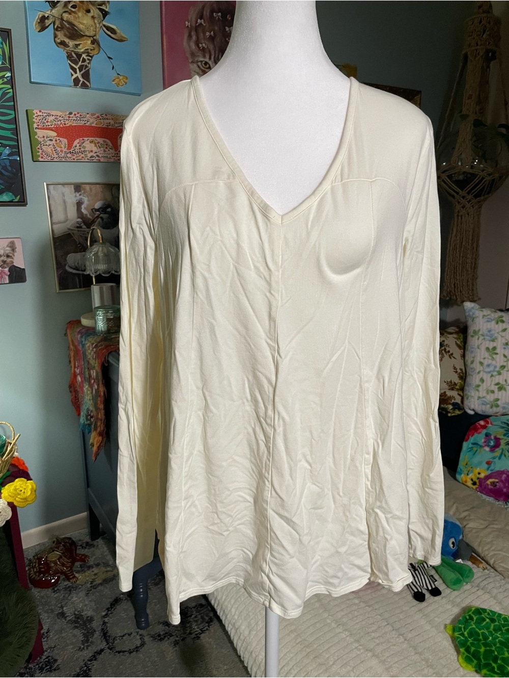 AnyBody Cream V-Neck Long Sleeve Top